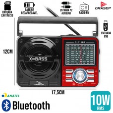 Caixa de Som Bluetooth Retrô D-F10BT Grasep - Vermelha